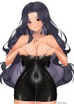  1girl black_dress black_hair blush breasts cleavage clothes_pull collarbone covered_navel dark-skinned_female dark_skin dress dress_pull english_commentary frown gold_choker highres jewelry large_breasts long_hair mole mole_on_breast mole_under_eye necklace nijisanji nijisanji_en pout red_eyes scarle_yonaguni simple_background solo strapless strapless_dress twitter_username undersized_clothes v-shaped_eyebrows very_long_hair virtual_youtuber white_background wriskelis 