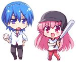  1boy 1girl :d alternate_costume angel_beats! ball baseball_(object) between_breasts black_pants blue_eyes blue_hair blush breasts chibi chibi_only commentary excited frown gym_uniform hair_between_eyes hair_down hand_on_own_hip head_between_breasts hinata_hideki holding holding_ball jitome kousetsu long_hair long_sleeves looking_at_another lowres open_mouth pants pink_hair red_pants shirt short_hair short_sleeves sleeves_rolled_up smile standing sweatdrop v-shaped_eyebrows very_long_hair white_shirt yui_(angel_beats!) 