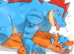  &lt;3 ambiguous/ambiguous ambiguous_gender anthro blush charizard claws crocodilian digital_media_(artwork) dragon duo feraligatr head_grab japanese_text nintendo nude open_mouth plus-alpha pok&eacute;mon pok&eacute;mon_(species) reptile scalie simple_background text tongue tongue_out video_games wings 