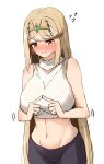  1girl blonde_hair blush breasts commentary crop_top fidgeting highres index_fingers_together kanuici336 large_breasts long_hair midriff mythra_(xenoblade) navel nervous shirt signature simple_background sleeveless sleeveless_shirt solo standing tiara very_long_hair white_background white_shirt xenoblade_chronicles_(series) xenoblade_chronicles_2 yellow_eyes 