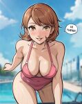  1girl bare_arms bare_legs bare_shoulders blurry blurry_background blush breasts brown_eyes brown_hair cleavage collarbone covered_navel day english_text large_breasts leaning_forward lepypepy lips medium_hair one-piece_swimsuit open_mouth outdoors persona persona_3 pink_one-piece_swimsuit pool pool_ladder poolside sky smile solo speech_bubble swimsuit takeba_yukari teeth water wet 