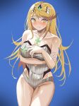  1girl bare_shoulders blonde_hair breasts chest_jewel cleavage collarbone covering_breasts covering_privates earrings highres hip_vent jewelry long_hair mythra_(xenoblade) one-piece_swimsuit rokuba solo swimsuit tiara white_swimsuit xenoblade_chronicles_(series) xenoblade_chronicles_2 yellow_eyes 