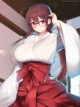  breasts glasses highres japanese_clothes kashiwamochi_yomogi large_breasts miko 