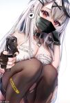  1girl black_collar black_gloves black_hair black_mask black_nails black_thighhighs blush breasts camisole cleavage collar ear_piercing fingerless_gloves gloves grey_hair gun hair_ornament hairpin head_rest highres holding holding_gun holding_weapon hololive large_breasts long_hair mask mouth_mask multicolored_hair nail_polish piercing red_eyes sakamata_chloe sakamata_chloe_(1st_costume) seta_(seta105) streaked_hair thighhighs torn_clothes torn_thighhighs virtual_youtuber weapon white_camisole x_hair_ornament 