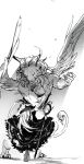  1girl bare_shoulders barefoot bowing closed_eyes crossed_legs curtsey dancing demon_horns detached_hood detached_sleeves dirty dirty_feet dress dungeon_meshi ear_covers elf facing_another facing_down greyscale hands_up highres holding holding_staff hood hood_up horns lion long_hair marcille_donato minus_a monochrome official_alternate_costume outstretched_arm pointy_ears simple_background skirt_hold smile soles spoilers staff watson_cross winged_animal 