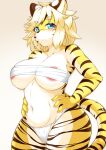 absurd_res anthro areola big_breasts blonde_hair blue_eyes blush breasts clothed clothing cyberconnect2 drecom felid female full_bokko_heroes fur hair hi_res kemono looking_at_viewer mammal megane_inu pantherine solo striped_body stripes tiger zhang_fei_(full_bokko_heroes)