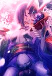  1girl :d bare_shoulders breasts bridal_gauntlets commentary_request fang fate/grand_order fate_(series) food fruit grapes hands_up holding horns ittokyu japanese_clothes kimono obi off_shoulder oni open_clothes open_kimono purple_eyes purple_hair purple_kimono sash shide short_eyebrows shuten_douji_(fate) sitting small_breasts smile solo thick_eyebrows tongue tongue_out 