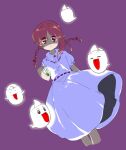  1girl :o bakebake_(touhou) braid brown_hair dress ghost hair_ribbon holding_vial looking_at_viewer medium_hair nonamejd official_style parted_bangs puffy_short_sleeves puffy_sleeves purple_background purple_eyes red_ribbon ribbon rika_(touhou) short_sleeves simple_background solo touhou touhou_(pc-98) twin_braids vial white_dress zun_(style) 