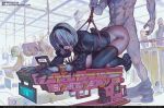 2b_(nier:automata) 4girls 5boys ass bdsm black_blindfold black_dress black_hairband black_thighhighs blindfold boots breasts character_name clothes_pull copyright_name dress glasses grey_hair groin hairband high_heel_boots high_heels large_breasts long_sleeves multiple_boys multiple_girls nier:automata nier_(series) nude open_mouth pants pants_pull rope sabu_(sabudenego) saliva sex sex_from_behind shiny_skin short_hair thighhighs 