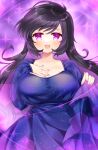  1girl :d black_hair blue_dress blush breasts collarbone commission copyright_request dress hands_up highres large_breasts long_hair long_sleeves looking_at_viewer multicolored_hair nail_polish puffy_long_sleeves puffy_sleeves purple_eyes purple_hair purple_nails shikito skeb_commission sleeves_past_wrists smile solo sparkle_background two-tone_hair very_long_hair 