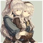  1boy 1girl black_hairband black_shirt blue_kimono couple female_my_unit_(fire_emblem_if) fire_emblem fire_emblem_if grey_background hair_between_eyes hairband hug hug_from_behind japanese_clothes kimono long_hair long_sleeves mooncanopy my_unit_(fire_emblem_if) one_eye_closed open_mouth red_eyes shiny shiny_hair shirt silver_hair smile takumi_(fire_emblem_if) very_long_hair 