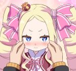  1boy 1girl beatrice_(re:zero) blonde_hair blue_eyes blush butterfly-shaped_pupils capelet cheek_pinching closed_mouth commentary_request crown drill_hair fur-trimmed_capelet fur_trim hair_ribbon long_hair looking_at_viewer mini_crown multicolored_background natsuki_subaru nose_blush pinching pink_ribbon re:zero_kara_hajimeru_isekai_seikatsu red_capelet ribbon s_(hdru2332) sidelocks sparkle sparkle_background symbol-shaped_pupils track_suit twin_drills 