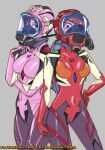  2girls blue_eyes bodysuit breasts brown_hair commander_rab(layer_industries) covered_navel eyepatch gas_mask grey_background hand_on_own_hip highres hose looking_at_viewer makinami_mari_illustrious mask medium_breasts multiple_girls neon_genesis_evangelion orange_hair oxygen_tank patreon_username pink_bodysuit plugsuit red_bodysuit scuba scuba_gear scuba_tank skin_tight small_breasts souryuu_asuka_langley 