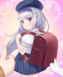  aged_down backpack bag blunt_bangs blurry blush closed_mouth collared_shirt commentary_request depth_of_field elf emilia_(re:zero) flower grey_hair hair_flower hair_ornament hairband hat long_hair looking_back multicolored_background natsuki_subaru pointy_ears purple_eyes purple_hairband re:zero_kara_hajimeru_isekai_seikatsu red_bag s_(hdru2332) school_uniform shirt skirt smile sparkle sparkle_background thumbs_up very_long_hair white_flower 