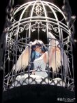  1girl alpaca_connect angel_wings birdcage black_background black_hair black_wings blue_hair blurry cage colored_inner_hair copyright_name depth_of_field dress full_body hair_between_eyes halter_dress halterneck hand_up head_wings highres in_cage licking_lips long_dress looking_at_viewer multicolored_hair oriti4 outstretched_hand red_eyes sidelocks sitting sleeveless sleeveless_dress solo tongue tongue_out white_dress white_wings wings 