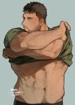  1boy arm_hair bara black_hair blue_eyes chris_redfield clothes_lift dated facial_hair green_shirt grey_background highres male_focus moto23059 muscular muscular_male navel navel_hair resident_evil resident_evil_6 shirt shirt_lift short_hair simple_background solo translation_request upper_body 