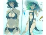  1girl bikini black_bikini black_hair black_one-piece_swimsuit bottle breasts cleavage clothing_cutout cocktail_glass commentary_request criss-cross_halter cup curly_hair drinking_glass drinking_straw floating floating_object fubuki_(one-punch_man) green_eyes green_hair hairu halterneck hat large_breasts looking_at_viewer navel ocean one-piece_swimsuit one-punch_man outdoors pelvic_curtain psychic short_hair siblings side-tie_bikini_bottom side_slit sisters small_breasts split_screen stomach_cutout sun_hat sunglasses swimsuit tanning_oil tatsumaki telekinesis wading white_headwear 