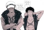  2boys abs arm_up blush chest_tattoo closed_eyes crossed_arms earrings english_commentary english_text facial_hair fur-trimmed_jacket fur_hat fur_trim goatee hat highres implied_yaoi jacket jewelry long_sleeves looking_at_another male_focus monkey_d._luffy multiple_boys one_piece one_piece:_stampede open_mouth scar scar_on_cheek scar_on_chest scar_on_face short_hair speech_bubble straw_hat sweatdrop tattoo teeth toned toned_male torn_clothes trafalgar_law unworn_hat unworn_headwear xve009 
