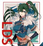  1girl absurdres blue_eyes bow_(weapon) breasts commentary earrings feathers fire_emblem fire_emblem:_the_blazing_blade fire_emblem_heroes floating_hair gold_trim green_hair green_nails hand_on_own_hip high_collar high_ponytail highres holding holding_bow_(weapon) holding_weapon jewelry kazuha_(kazuha1003) large_breasts long_hair looking_at_viewer lyn_(fire_emblem) parted_lips short_sleeves solo upper_body weapon white_feathers 