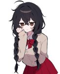  1girl ahoge arm_behind_back bandaid bandaid_on_cheek bandaid_on_face black_hair blood blood_on_face bow bowtie braid brown_eyes clarevoir empty_eyes false_smile gauze_on_cheek hair_between_eyes hand_on_own_cheek hand_on_own_face highres jacket long_hair looking_at_viewer messy_hair original pleated_skirt red_bow red_bowtie red_skirt sidelocks simple_background skirt smile solo twin_braids white_background white_jacket 