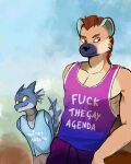 absurd_res anthro aquatic_kobold azzy_(skybluescales) blue_body blue_scales blush clothed clothing duo ear_fins fin gnoll hi_res humanoid hyena kobold macaru male male/male mammal meme meme_clothing reptile scales scalie simple_background size_difference skybluescales