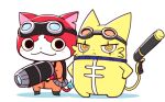  blush cat ghostbusters goggles goggles_on_head goromi_(youkai_watch) gun holding holding_gun holding_weapon jibanyan no_humans nollety notched_ear prehensile_tail simple_background tail weapon white_background yellow_eyes youkai_(youkai_watch) youkai_watch youkai_watch_busters 