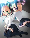  2girls animal_ear_headphones animal_ears black_skirt black_thighhighs blonde_hair blue_archive blush bow closed_mouth controller fake_animal_ears game_controller green_bow green_eyes green_halo hair_bow halo headphones highres holding holding_controller holding_game_controller koflif long_sleeves looking_at_viewer midori_(blue_archive) momoi_(blue_archive) multiple_girls open_mouth pink_halo pleated_skirt red_bow red_eyes shirt short_hair siblings sisters skirt smile thighhighs white_shirt 