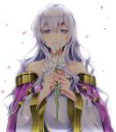  bare_shoulders closed_mouth diadora_(fire_emblem) dress fire_emblem fire_emblem:_seisen_no_keifu flower holding holding_flower long_hair long_sleeves petals purple_eyes purple_hair shimizu_ren simple_background strapless upper_body white_background 