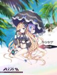  2girls 6_yin artist_name bare_shoulders barefoot blonde_hair copyright_name cynthia_(iron_saga) food full_body gloves hat highres holding holding_food holding_ice_cream holding_umbrella ice_cream iron_saga lilulu_(iron_saga) logo long_hair mini_hat mini_top_hat monocle multiple_girls navel official_alternate_costume official_art purple_hair robot second-party_source see-through swimsuit top_hat umbrella 