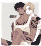  2boys arm_tattoo black_hair black_tank_top blonde_hair blush burn_scar chest_tattoo closed_eyes closed_mouth collarbone crossed_arms earrings english_commentary facial_hair flying_sweatdrops goatee hand_tattoo highres hug hug_from_behind jewelry male_focus multiple_boys muscular one_piece sabo_(one_piece) scar scar_on_face shoulder_tattoo sitting sitting_on_lap sitting_on_person tank_top tattoo trafalgar_law white_tank_top xve009 yaoi yellow_eyes 