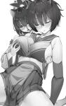  2girls animal_ears blue_archive blush breast_curtains closed_mouth commentary detached_sleeves elbow_gloves gloves grabbing grabbing_another&#039;s_breast grabbing_from_behind greyscale halo highres kaede_(blue_archive) monochrome multiple_girls open_mouth raccoon_ears raccoon_girl ratsuku_kinoko short_hair simple_background skirt tsubaki_(blue_archive) white_background yuri 
