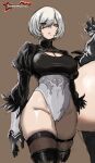  1girl 2b_(nier:automata) absurdres artist_logo ass awesomeerix black_gloves boots breasts dress english_commentary feather-trimmed_sleeves gloves hair_between_eyes highleg highleg_leotard highres juliet_sleeves large_breasts leotard long_sleeves looking_at_viewer mole mole_under_mouth multiple_views nier:automata nier_(series) paid_reward_available puffy_sleeves short_hair thigh_boots thighhighs thighhighs_under_boots thighs white_hair 