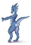 absurd_res anthro azzy_(skybluescales) blue_body blue_scales butt ear_fins fin glacierclear hi_res kobold male nude rear_view scales scalie simple_background skybluescales solo