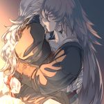  1boy 1girl arms_behind_back black_gloves black_shirt couple female_my_unit_(fire_emblem_if) fire_emblem fire_emblem_if girl_on_top gloves long_hair long_sleeves mooncanopy my_unit_(fire_emblem_if) open_mouth red_ribbon restrained ribbon shiny shiny_hair shirt silver_hair takumi_(fire_emblem_if) very_long_hair 