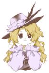  1girl blonde_hair bright_pupils brown_eyes brown_headwear closed_mouth hands_on_own_face hands_up hat jacket_girl_(dipp) long_hair long_sleeves nonamejd official_style ribbon simple_background solo touhou white_background white_pupils white_ribbon zun_(style) 