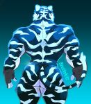 2d_(artwork) anthro back_muscles beetleartz big_butt black_body black_clothing black_fur black_gloves black_handwear butt clothing epic_games felid fingerless_gloves fortnite fur gloves gradient_background handwear hi_res male mammal muscular muscular_anthro muscular_male nude oscar_(fortnite) pantherine rear_view simple_background solo striped_body stripes tail tiger white_body white_fur white_stripes