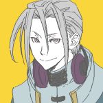  1boy bangs coat code_geass collar grey_hair headphones long_hair looking_at_viewer lowres mao_(code_geass) pink_eyes pixel_art smile solo yellow_background 