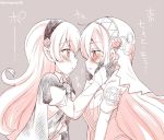  2girls aqua_(fire_emblem_if) armor blush dress eromame female_my_unit_(fire_emblem_if) fire_emblem fire_emblem_if from_side grey_background hairband hands_on_another&#039;s_face long_hair monochrome multiple_girls my_unit_(fire_emblem_if) parted_lips pointy_ears simple_background twitter_username upper_body veil yuri 