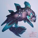  aqua_eyes coelacanth fins fish from_side full_body grey_background head_fins highres looking_at_viewer monster no_humans original signature simple_background solo twitter_username yamamura_le 