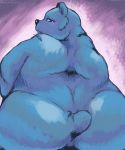  2019 back_muscles big_butt blue_eyes blue_fur blush brown_bear butt female fur grizzly_bear half-closed_eyes hi_res hisashino konami looking_back mammal mother_grizzly nude overweight overweight_female purple_background rear_view semi-anthro simple_background slightly_chubby solo stubby_tail sweat sweatdrop ursid ursine yu-gi-oh 