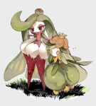  bright_pupils colored_skin commentary_request crown eyelashes flower full_body green_hair homilmugi korean_commentary lilligant long_hair no_humans on_grass pokemon pokemon_(creature) red_eyes simple_background standing tsareena very_long_hair white_background white_pupils white_skin 