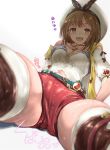  1girl :d akabeko207 atelier_(series) atelier_ryza breasts brown_eyes brown_hair brown_legwear cleavage commentary_request hair_ornament hairclip hat highres jewelry medium_breasts navel necklace open_mouth red_shorts reisalin_stout short_hair short_shorts shorts simple_background smile solo star sweat teeth thighhighs thighs white_background white_headwear 