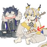  1boy 1girl animal_ears arknights artist_name barefoot blonde_hair blue_eyes blue_hair closed_mouth commentary dragon_girl dragon_horns dragon_tail earrings eating english_commentary food food_on_face grey_hair hair_between_eyes highres horns indian_style infection_monitor_(arknights) jewelry knee_up multicolored_hair open_mouth pizza plate pointy_ears rice shu_(arknights) sitting tail twitter_username variant_set vigil_(arknights) wolf_boy wolf_ears yukii 