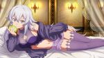  1girl bed_sheet blue_eyes bra breasts candelabra candlestand cardigan cleavage cleavage_cutout closed_mouth clothing_cutout curtains dorothy_(sao) game_cg grey_cardigan grey_hair hair_between_eyes highleg highleg_panties highres holding indoors large_breasts long_hair long_sleeves looking_at_viewer lying navel official_art on_side open_cardigan open_clothes panties pillow purple_bra purple_shorts purple_thighhighs short_shorts shorts sideboob sleepwear smile solo straight_hair sword_art_online sword_art_online_last_recollection thighhighs underwear zettai_ryouiki 