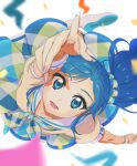  1girl aikatsu! aikatsu!_(series) arm_up blue_dress blue_eyes blue_hair blurry checkered_clothes checkered_dress collarbone confetti depth_of_field dot_nose dress from_above green_dress hashtag_only_commentary highres idol index_finger_raised kiriya_aoi long_hair looking_at_viewer looking_up multicolored_clothes multicolored_dress open_mouth perspective semham side_ponytail solo standing white_background wrist_cuffs 