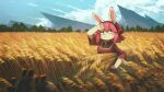  1girl absurdres animal_ears brown_eyes cloud cloudy_sky fantasy farmer farming hairband harvest highres mountain o3o original pink_hair porforever sky sweatdrop wheat wheat_field 