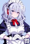  1girl alternate_costume apron artist_logo black_dress blue_eyes dress enmaided frilled_apron frills gloves grey_hair highres kantai_collection kashima_(kancolle) long_hair looking_at_viewer maid maid_headdress own_hands_clasped own_hands_together solo twintails upper_body wavy_hair white_apron white_gloves wrist_cuffs yamayoshi 