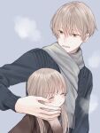  1boy 1girl age_difference blush breath closed_eyes couple grey_eyes grey_hair hetero highres long_hair long_sleeves looking_at_another original scarf short_hair simple_background smile sweater upper_body waramugu 