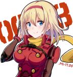 1girl blonde_hair blue_eyes breasts character_name commentary_request cyborg cyborg_009 eyebrows_visible_through_hair francoise_arnoul hair_between_eyes hairband highres kuroten looking_at_viewer medium_breasts red_hairband scarf short_hair simple_background smile solo upper_body white_background yellow_scarf 