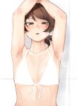  1girl absurdres armpits arms_up bikini blush breasts brown_eyes brown_hair commentary_request furrowed_brow girls_und_panzer highres kawanishi_shinobu looking_at_viewer parted_lips short_hair short_ponytail simple_background small_breasts solo straight-on sweat swimsuit toku_(yhpv8752) upper_body very_sweaty white_background white_bikini 